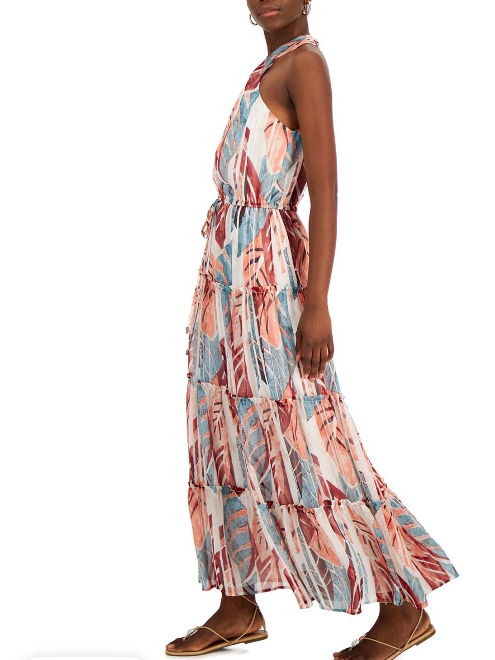 INC Tropical Palm Print Crisscross Halter Tiered Maxi Dress XL Extra Large - Picture 3 of 11